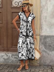 Brillora 女士雪纺印花衬衫和阔腿裤两件套，春夏度假装 - 黑與白 - 查看 5