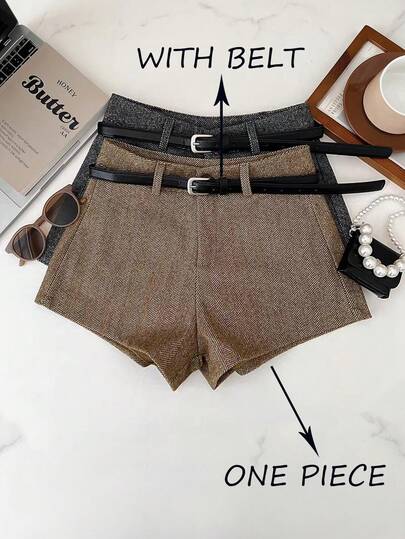 Franclia Korean Style Retro Fashion Versatile High-Waisted Slimming Shorts, Hot Pants With Decorative Belt, Bootcut Shorts, Women's Shorts With Subtle Patterns, Women's Spring/Summer Khaki Shorts, Plaid, Retro, Spring Clothing, Summer Outfits, For Going Out, Vacation, Casual, Y2K, Graduation Season, Fashionable Outfits, Versatile, Commuting.Graduation Season Attire, Fashionable Casual Commuter Wear, Business Office Wear, Versatile And Stylish Everyday Casual Wear, Urban Teacher's Professional Attire