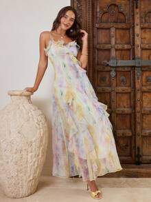 Enchnt 春夏浪漫女士优雅多色扎染荷叶边下摆休闲日常约会外出长吊带连衣裙，适合约会和派对，时尚百搭，适合约会、休闲外出，优雅别致，夏季甜美优雅，适合度假、假日和外出，女士优雅连衣裙，碎花连衣裙，荷叶边扎染连衣裙，女士度假装 - 彩色 - 查看 7