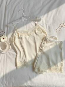 Comfortcana Women's Solid Color Contrast Lace Camisole And Shorts Set  Pajama Set Vacation Set Luxury Apricot Colored Patchwork Lace Satin Top And Shorts   Summer Outfits For Women Spring Spring Break Outfits   Spring Clothes Women  Vacation Graduation  Women  Wedding   Party  Ceremony  Elegant  Vacation Outfits Casual Casual Women's Set , Valentine's Day, Carnival, Beach, Holiday, Home Leisure, College, Party Lace Two Piece Set Satin Loungewear - Light Yellow - View 5