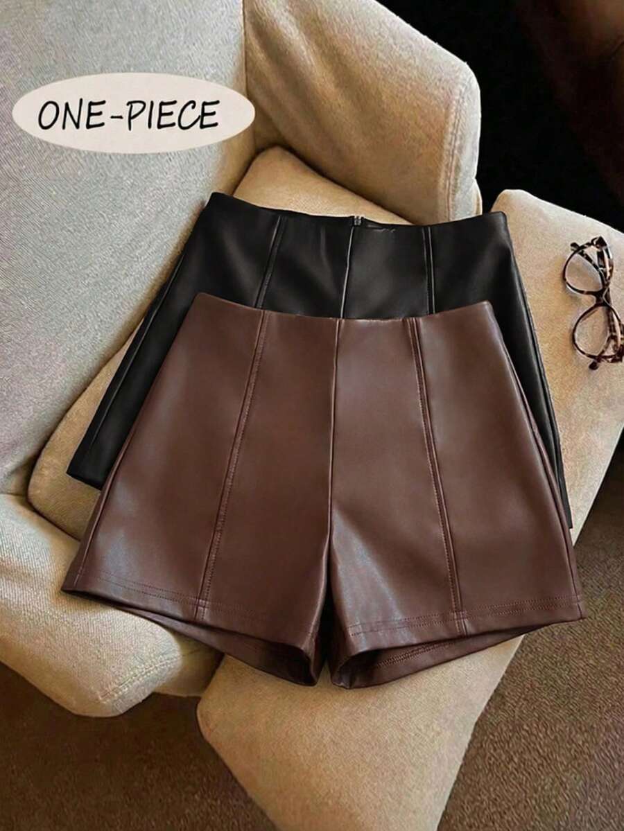 Franclia Fashionable Refined PU Leather Cinched Waist Women Shorts - Brown - View 1