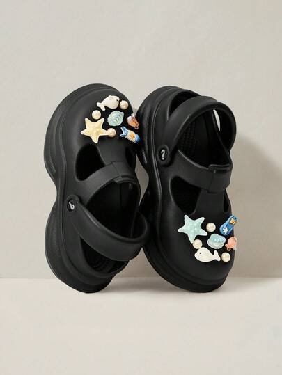 Cuccoo Ladies Black Four-Season Breathable Hole Shoes Can Be DIY Shoe Flower Decoration Outdoor Beach Leisure Sandals Closed Toe Slippers Childlike Cartoon Animal Decoration