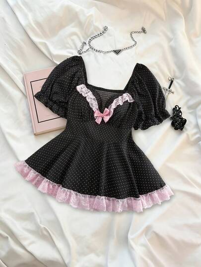 Sweetra Áo kiểu nữ cỡ lớn, mùa xuân, hè, thanh lịch, tay ngắn xếp ly, có bèo nhún, thắt eo, kiểu công chúa tôn dáng, thích hợp cho kỳ nghỉ. Áo kiểu tay phồng phối ren chấm bi, dáng xòe, phong cách Lolita, thích hợp cho sinh nhật.