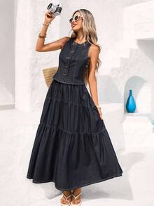 Vivid Eden Women's Round Neck Single-Breasted Casual Everyday Denim Top - Dark Wash - View 5