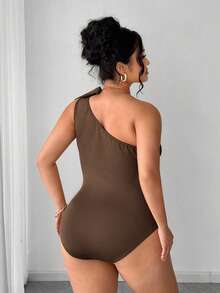 Elenzga Bodyduit elegante y sexy de talla grande con decoración de lazo en los hombros, estilizador para salidas, fiestas y vacaciones. Traje de baño para mujer, bañador de una sola manga, traje de baño marrón para mujer - Marrón - Ver 5
