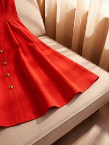 Franclia 优雅领口饰有纽扣，收腰A字无袖女式连衣裙 - 紅色 - 查看 5