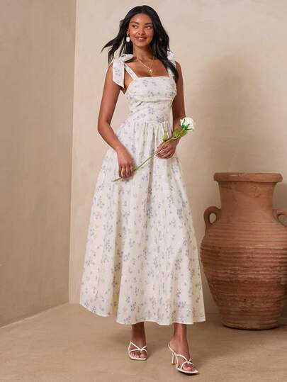 Enchnt Vestido largo elegante con cintura fruncida y bordado floral, adecuado para citas y fiestas