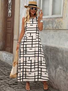 Brillora Women's Geometric Pattern Side Slit Hem Casual Sleeveless Dress - Black and White - View 1