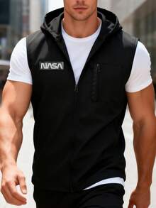 Manfinity Homme Men's Casual Letter Print Zip-Up Hooded Vest For Summer - Black - View 1