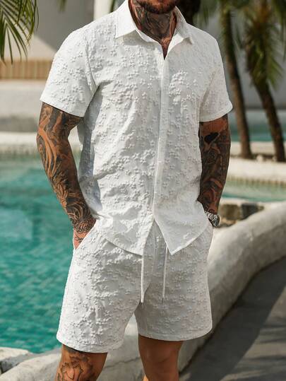 Manfinity CasualCool 男士提花领单排扣短袖衬衫上衣搭配抽绳腰短裤休闲日常套装