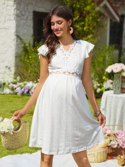 SHEIN 孕妇时尚提花拼接蕾丝边针织连衣裙