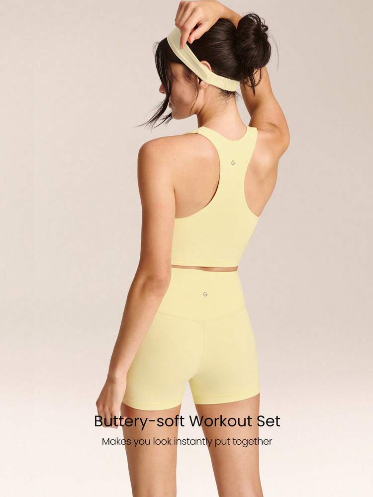 2 Pieces FeatherFit™ Crush Every Move Buttery-Soft Sweat-Wicking Stretchy Removable Cups Ruched Front Racerback Sports Bra & 4.3" Crossover Waist Y-Shaped Hip Seam Biker Shorts Low Impact Gym Studio Workout Cycling Running Daily Casual Wear