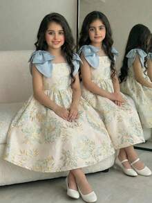 SHEIN Ärmlös klänning med blommig jacquard och rosett på axlarna för ung flicka - Rosa - Visa 2