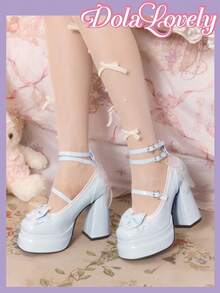 Dola Lovely 女士蓝色高跟玛丽珍鞋，闭趾防水，洛丽塔哥特风蝴蝶结甜美JK鞋 - 藍色皮面 - 查看 3