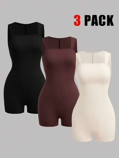 Girlism Bộ 3 món dành cho thiếu nữ, kiểu dáng tối giản, màu trơn, cổ vuông, không tay, áo liền quần và bộ đồ thể thao thường ngày.