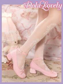 Dola Lovely 女士粉色丝绒圆头蝴蝶结搭扣踝带粗跟鞋 甜美缪斯日常通勤百搭高跟鞋 - 粉色天鵝絨 - 查看 5