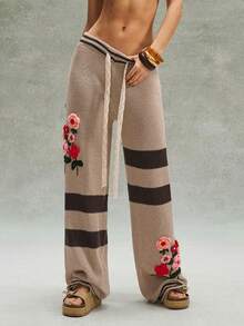 Bohemela 女士抽绳腰带 3D 立体花卉图案休闲百搭日常针织阔腿裤 - 棕色 - 查看 1