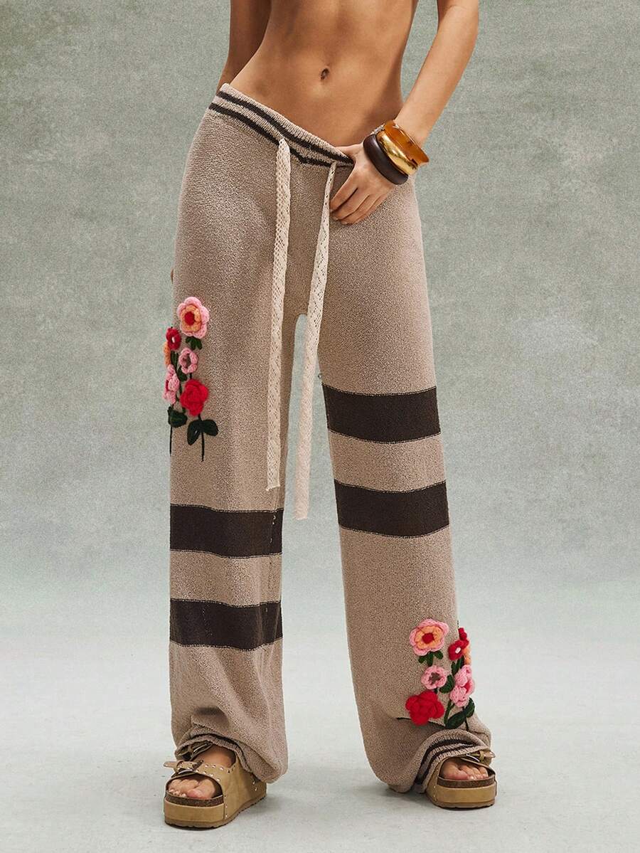 Bohemela 女士抽绳腰带 3D 立体花卉图案休闲百搭日常针织阔腿裤 - 棕色 - 查看 1