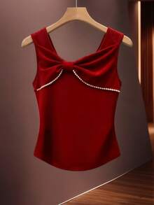 Franclia French Retro-Style Light Luxury Red Bow Pearl Knitted Sleeveless Vest Top, Unique And Exquisite Design, Women's T-Shirt, Women's Spring And Summer T-Shirt, Women's Sexy Burgundy Vest, Sleeveless Top, Spring Clothing, Summer Outfit, Outing, Vacation, Leisure, Y2K, Graduation Season, Fashionable Outfit, Versatile, CommutingGraduation Season Attire, Fashionable Casual Commuter Wear, Business Office Wear, Versatile And Stylish Everyday Casual Wear, Urban Teacher's Professional Attire - Burgundy - View 1