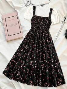 Sweetra Plus Size Sweet French Style Ditsy Floral 2 In 1 Short Sleeve Dress - Black - View 2