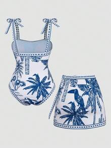 Swim Oasis Plus Size Summer Vacation Tropical Plant Print One-Piece Swimsuit And Sarong Skirt Set - Blue and White - View 2