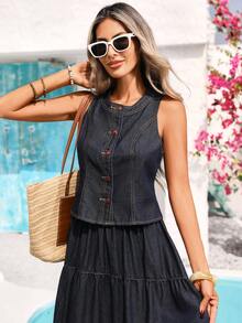 Vivid Eden Women's Round Neck Single-Breasted Casual Everyday Denim Top - Dark Wash - View 6