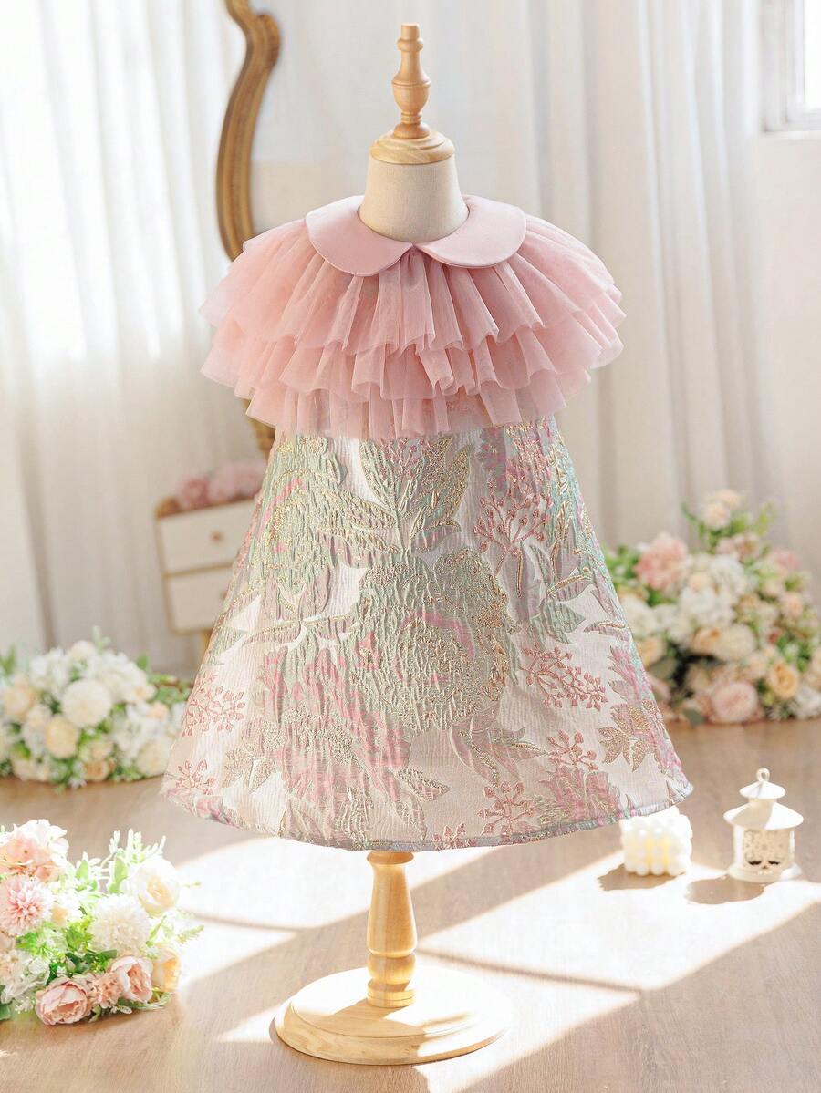 SHEIN Bộ 2 món gồm áo voan xếp ly cổ bèo và váy hoa nhí cho bé gái. - Màu Hồng baby - Xem 1