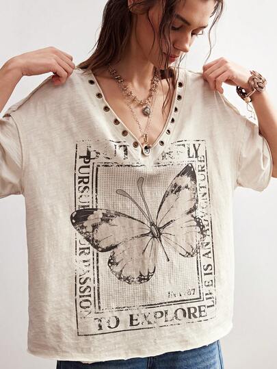 Bohemela Áo thun nữ tay ngắn cổ chữ V màu trơn dáng rộng, kiểu dáng thường ngày