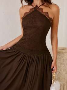 Enchnt Vestido camisero elegante de mujer con encaje, parches y volantes, cintura ceñida, adecuado para citas y fiestas - Marrón Chocolate - Ver 2