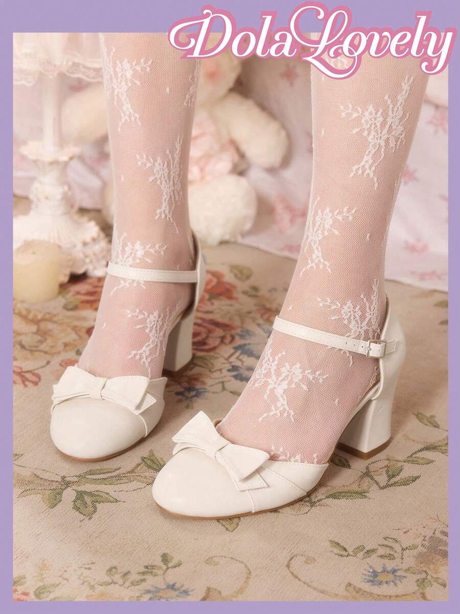 Dola Lovely Giày nữ màu be mũi tròn, khóa nơ, gót dày khoét rỗng, kiểu Lolita ngọt ngào và đa năng. - Màu trắng - Xem 1