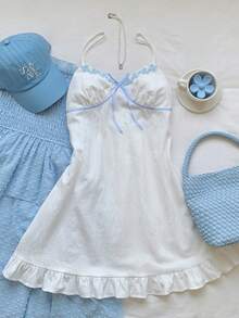 Comfortcana Đầm ngắn hai dây thời trang trang trí nơ dành cho nữ - trắng - Xem 4