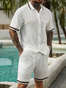 VENTUSAIL 男士条纹格子印花衬衫套装 - 白色 - 查看 1