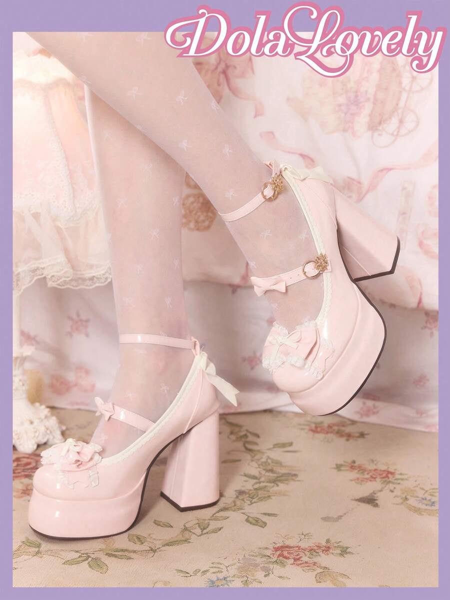 Dola Lovely 女士粉色厚底水滴形玛丽珍高跟鞋，洛丽塔风格，哥特风格，JK风格 - 粉色皮面 - 查看 1