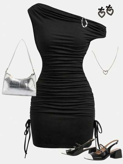 Girlism 少女休闲度假连衣裙，不对称肩部褶皱修身迷你连衣裙