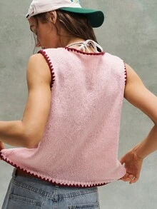 Bohemela 女士3D立体花卉装饰单排扣休闲针织背心 - 粉色 - 查看 8