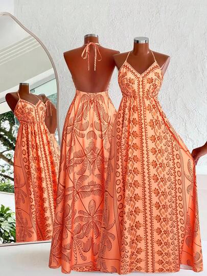 Rometta Plus Size Fashionable Women's Vacation Style Elegant Palm Tree & Floral Print Spaghetti Strap Maxi Dress, Suitable For Spring/Summer, Back To School, Vacation, Graduation, Valentine's Day, Christmas, Music Festival, Mother's Day, Halloween, Thanksgiving, Easter, National Day, Prom, Birthday, Date, Wedding, Outdoor Activities