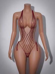 AltCore Bộ jumpsuit lưới màu xanh lá cây không đường may, kiểu dáng Y2K gợi cảm, bộ đồ 3 mảnh tôn dáng cho câu lạc bộ, tiệc độc thân, lễ hội âm nhạc. - Màu Đỏ Sâu - Xem 1