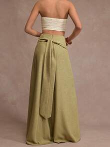 CLARA VERO Aki 高腰裹身长裙裤：宽松飘逸的版型，腰部系带可调节，适合户外活动或时尚日常穿着，采用无弹力亚麻质感涤纶面料，后背隐形拉链，裙摆重叠设计。 - 卡其色 - 查看 3