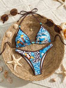 Swim Chiccia Conjunto de bikini de 2 piezas con estampado azul y marrón, cuentas de turquesa, colgante de metal, cordones, espalda descubierta, estilo brasileño, estilo bohemio, diseño de bloqueo de color con patrón de mariposa azul soñadora, para festival de música, fiesta en la playa, estilo Y2K, elegante, moda europea y americana, animal print, bikini halter, bikini bohemio, conjunto de bikini tropical - Multicolor - Ver 1
