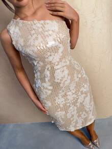 SHEIN Glamour New Apricot Silver Sequined Zip Up Haute Slim Rave Fitted One Shoulder Split Thigh Midi Women Dress - Apricot - View 7