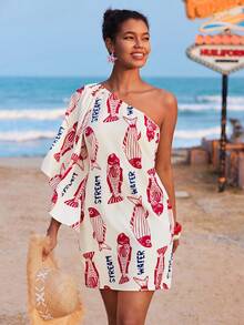 Travachic 女士热带印花不对称领迷你连衣裙，夏季女装，适合度假、下午茶、婚礼季、海滩游轮度假、城市自驾游、波西米亚风度假、音乐节、沙滩装、复活节、女士沙滩装、优雅女装、女士度假装、女士演唱会装、热带度假女装、度假装、波西米亚风服装，春夏秋季皆宜。 - 彩色 - 查看 3