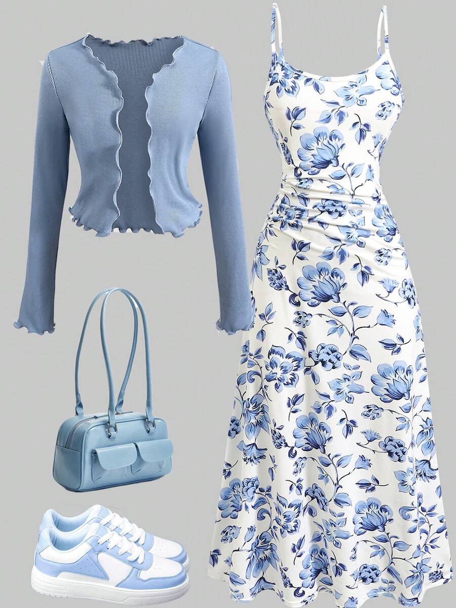 Girlism Tween Girls' Blue Knit Long Sleeve Cardigan & Floral Print Sleeveless Midi Dress 2-Piece Outfit, Spring/Summer - Blue and White - View 1