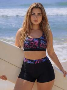 Swim SPRTY 2026新款加大码女士夏季沙滩度假连体泳衣套装，收腹舒适可拆卸胸垫两件式泳衣，沙滩运动印花高腰设计，加大码女士运动度假泳衣套装，彩色印花拼接显瘦，加大码泳衣套装 - 黑色 - 查看 5