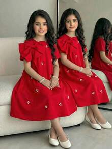 SHEIN Đầm thun ngắn tay màu trơn, đính đá 3D, nơ, kiểu dáng thanh lịch, cao cấp dành cho bé gái tuổi teen, thích hợp mặc đi làm. - Đỏ - Xem 1