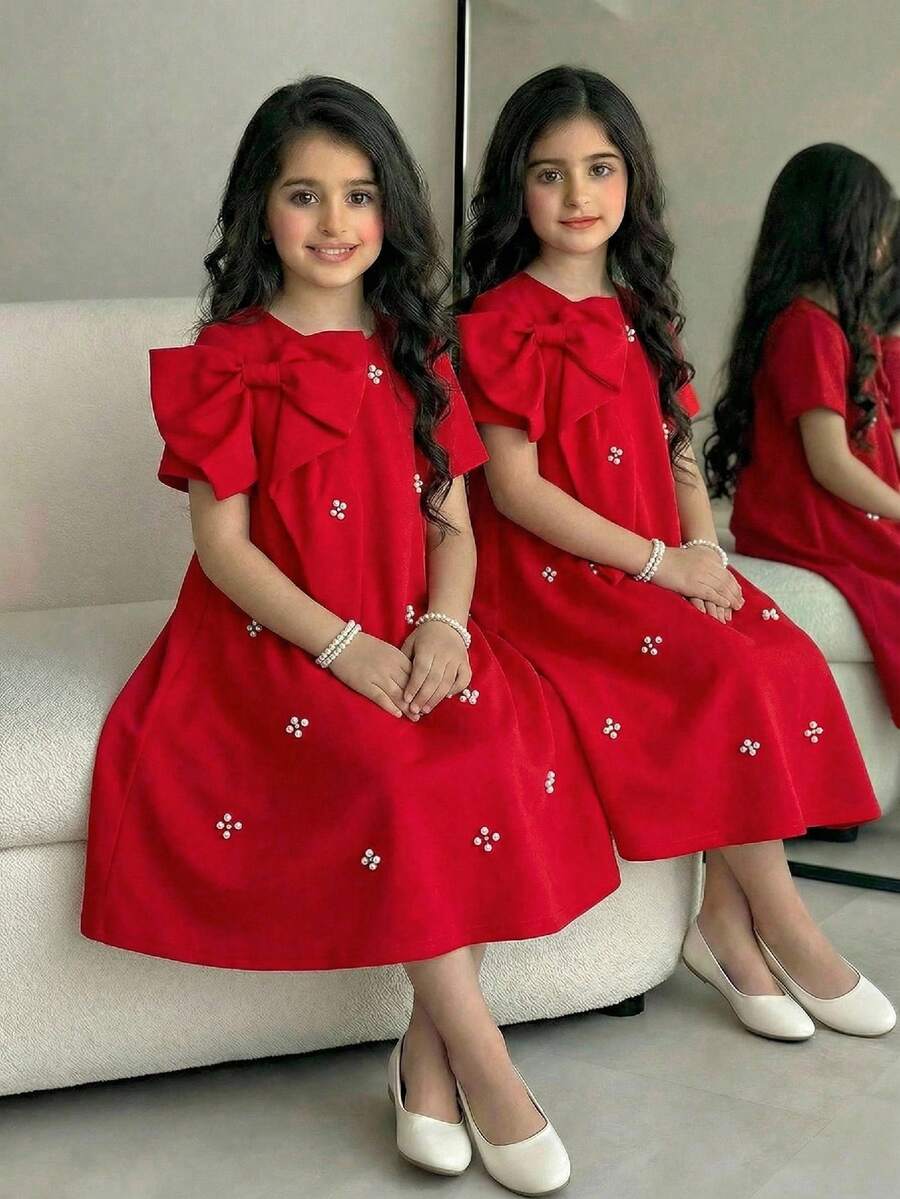 SHEIN Đầm thun ngắn tay màu trơn, đính đá 3D, nơ, kiểu dáng thanh lịch, cao cấp dành cho bé gái tuổi teen, thích hợp mặc đi làm. - Đỏ - Xem 1