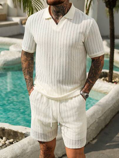 VENTUSAIL Men's Short Sleeve Textured Fabric Polo Shirt Set, Suitable For Home, Outings And Vacations