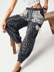 Bohemela Women's Casual Woven Striped Loose Drawstring Pants - Black - View 5