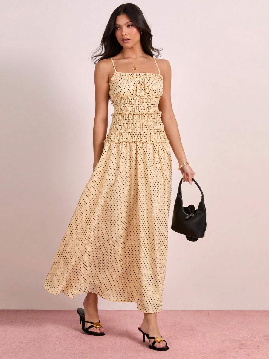 Enchnt Spring/Summer Romantic Women's Yellow Flattering Yellow Polka Dot Fitted Pleated Waist Maxi Dress,Sweet&Elegant For Vacation&Date&Holiday&Going Out,Spring Outfit Women - Yellow - View 1