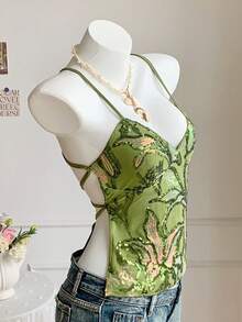 Comfortcana Áo hai dây hở lưng gợi cảm đính sequin hoa cho nữ, thích hợp cho kỳ nghỉ hè/hè 2026, kiểu dáng thanh lịch, thích hợp đi biển, dự tiệc. Áo màu xanh lá cây cho nữ, áo lấp lánh đính sequin, áo hai dây hoa màu xanh lá cây, lộng lẫy, độc đáo, đẹp mắt, thích hợp cho lễ hội âm nhạc, tiệc tùng, hẹn hò, ngày Valentine. - Hồng - Xem 6