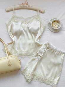 Comfortcana Women's Solid Color Contrast Lace Camisole And Shorts Set  Pajama Set Vacation Set Luxury Apricot Colored Patchwork Lace Satin Top And Shorts   Summer Outfits For Women Spring Spring Break Outfits   Spring Clothes Women  Vacation Graduation  Women  Wedding   Party  Ceremony  Elegant  Vacation Outfits Casual Casual Women's Set , Valentine's Day, Carnival, Beach, Holiday, Home Leisure, College, Party Lace Two Piece Set Satin Loungewear - Light Yellow - View 6
